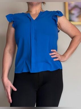 mine Electric Blue Flutter Cap-Sleeve V-Neck Blouse